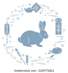 Happy new year. Vector illustration with rabbit, chinese lantern, tangerine, envelope, fireworks, ingot. Holiday traditions, symbols Chinese New Year celebration. Zodiac sign, symbol of 2023 year