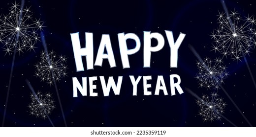 Happy New Year, vector illustration with congratulatory text and sparklers on a dark blue background.