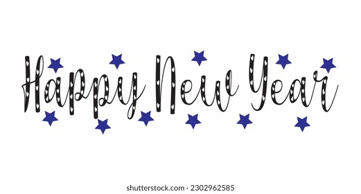 Feliz Año Nuevo. Elegante letra moderna con letras de fuentes de Happy New Year 2024 aislado en fondo blanco y pequeña estrella azul.