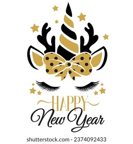 Happy New Year vector illustration with unicorn face. Girls New Year design isolated good for greetings cards, poster, print, sticker, invitations, baby t-shirt, mug, gifts.