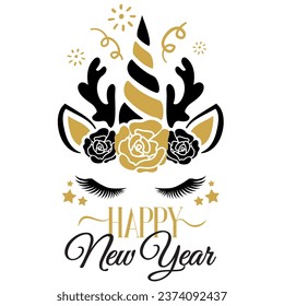 Happy New Year vector illustration with unicorn face. Girls New Year design isolated good for greetings cards, poster, print, sticker, invitations, baby t-shirt, mug, gifts.