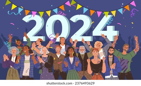 Happy new year. Vector illustration. The background New Year celebration sets stage for joyous occasion Embrace happy New Year concept. People celebrate 2024 party