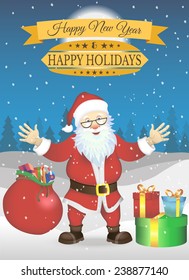 Happy New Year vector Illustration with Santa Clause and presents