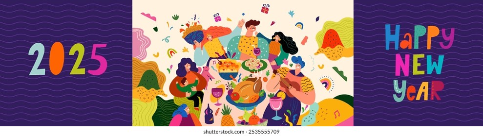 Happy New Year vector illustration. Happy people in a friendly company celebrate the New Year. Traditional holiday dinner in the family circle. Holiday New Year party. Christmas decorative banner