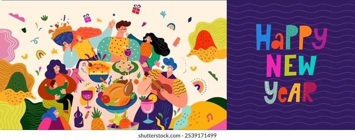 Happy New Year vector illustration. Happy people in a friendly company celebrate the New Year. Traditional holiday dinner in the family circle. Holiday New Year party. Christmas decorative banner