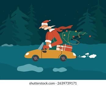 Happy new year vector illustration. Santa driving small yellow car through snowy night forest. Santa Claus bringing decorated Christmas tree, holiday gift boxes. Flat cartoon style greeting card, ad