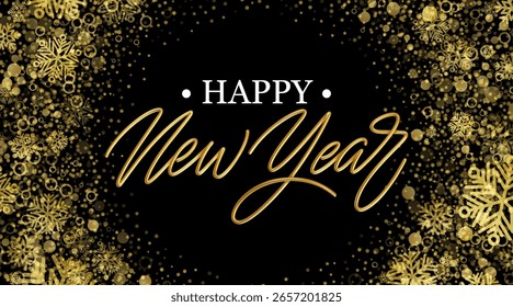 Happy New Year Vector Illustration with Golden Snowflakes and Sparkles Background.
