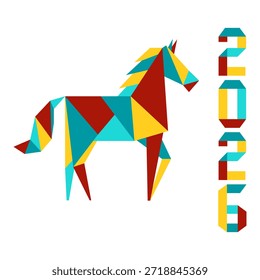 Símbolo del origami de la Ilustración vectorial del año nuevo feliz de 2026 en el Año calendario chino del caballo. Números. Símbolo Animal anual del año. Horóscopo del zodiaco. Signo astrológico Mascota de China Deseos festivos