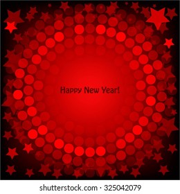 Happy New Year vector illustration of Red ball on black with stars background.