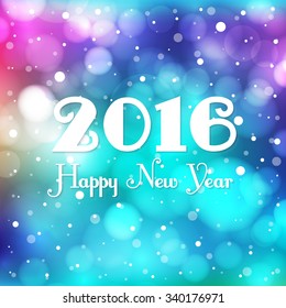 Happy new year vector  illustration. Greeting card design with snowflakes. Perfect for web and print design. Blurred background with defocused lights. Abstract blue circular bokeh wallpaper.