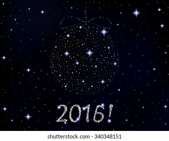 Happy New Year vector illustration with Christmas ball and greetings written in the stars