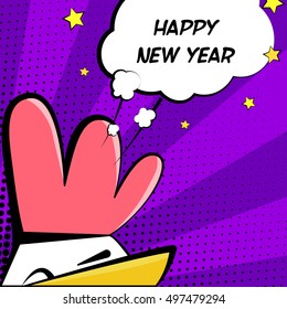 Happy New Year vector illustration with cock and text cloud. Comics style