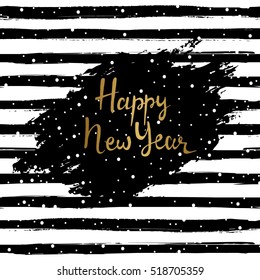 Happy new year vector illustration. Hand drawn lettering. Black brush stroke on striped background. Greeting card