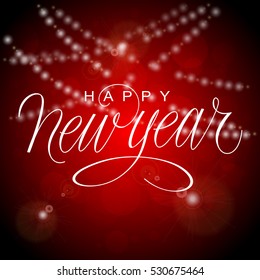 Happy New Year Vector Illustration with Hand Lettered Text and Hand Drawn Illustrations.