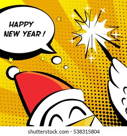 Happy New Year vector illustration with rooster, sparkler and text cloud. Comics style