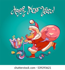 Happy new year! Vector illustration, greeting card with a picture of Santa Claus with gifts. Funny ironic picture.
