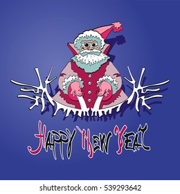 Happy new year! Vector illustration, greeting card with a picture of Santa Claus with gifts. Funny ironic picture.