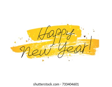 Happy New Year. Vector illustration on a white background with gold brush stroke. Elements for design. The concept of a holiday gift card. Lettering and calligraphy. Stylish font.