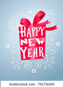 Happy New Year. Vector illustration of happy New year and Christmas background red gift box with a ribbon.