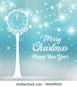 Happy New Year, vector illustration Christmas background with snow and clock