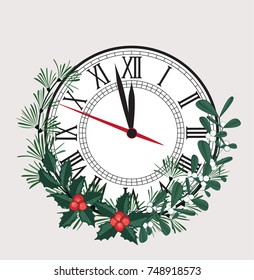 Happy New Year, vector illustration Christmas background with clock showing year. Decoration of pine and mistletoe