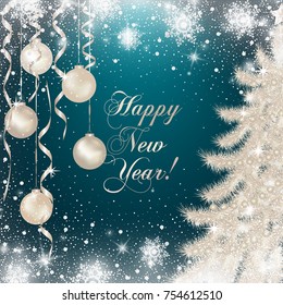 Happy New Year . Vector Illustration for holiday greeting card, invitation, calendar poster. Christmas decorations balls and christmas tree.