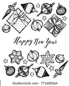 Happy New Year. Vector illustration, ginger biscuits, gifts,Christmas tree toys, prints on T-shirts, card for you, handmade, background white