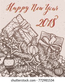 Happy New Year. Vector illustration, spruce branches,Christmas tree toys, gifts, prints on T-shirts, background light, handmade, card for you