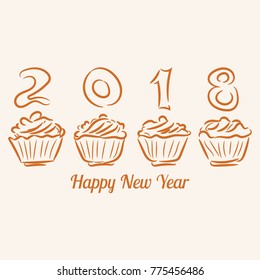 Happy new year. Vector illustration with numbers 2018 and muffins.