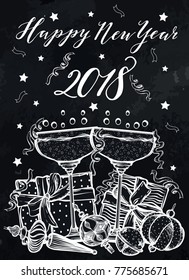 Happy New Year. Vector illustration, gifts,Christmas tree toys,wine glasses with champagne, prints on T-shirts, background chalkboard, card for you, handmade