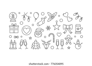 Happy New Year vector illustration or horizontal banner in thin line style