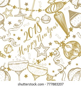 Happy New Year. Vector illustration, gifts,Christmas tree toys,wine glasses with champagne, prints on T-shirts, background light, card for you, handmade,seamless pattern