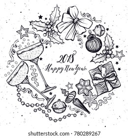 Happy New Year. Vector illustration, wine glasses with champagne, ginger biscuits, gifts,Christmas tree toys, mistletoe, prints on T-shirts, background white, handmade, card for you