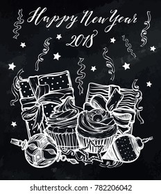 Happy New Year. Vector illustration, gifts,Christmas tree toys, cupcakes, prints on T-shirts, background chalkboard, card for you, handmade