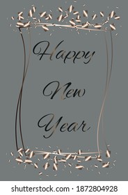 Imagen vectorial de Año Nuevo feliz, marco con inscripción y confeti en un fondo gris.Elemento gráfico para banner, tarjetas de felicitación, invitación, afiche o sitio web.