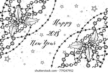 Happy New Year. Vector illustration,garlands, mistletoe, stars, card for you, handmade, prints on T-shirts, background white
