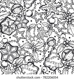 Happy New Year. Vector illustration,ginger biscuits,mistletoe, garlands, bells,wreath,background white, handmade,card for you,prints on T-shirts,seamless pattern