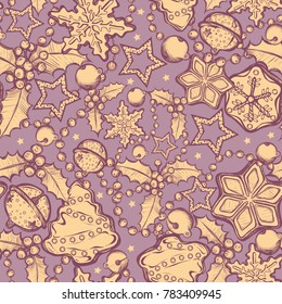 Happy New Year. Vector illustration,ginger biscuits,mistletoe, garlands, bells,background purple, handmade,card for you,prints on T-shirts,seamless pattern, yellow colors