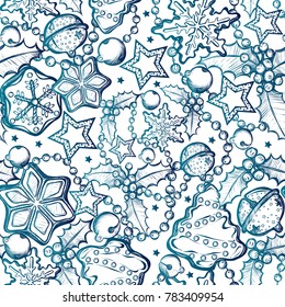 Happy New Year. Vector illustration,ginger biscuits,mistletoe, garlands, bells,background white, handmade,card for you,prints on T-shirts,seamless pattern, blue colors