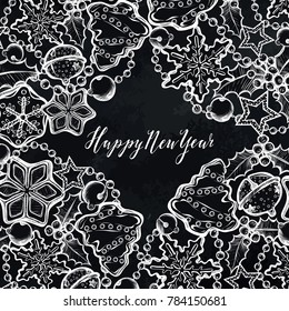 Happy New Year. Vector illustration,ginger biscuits,mistletoe, garlands, bells, handmade,card for you,prints on T-shirts,background chalkboard