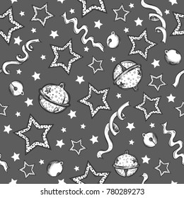 Happy New Year. Vector illustration,stars, bells,confetti, card for you, handmade, prints on T-shirts, background gray,seamless pattern