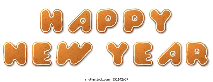 Happy New Year. Vector inscription, the letters in the form of Christmas gingerbread, decorated with decorated white icing, isolated on white