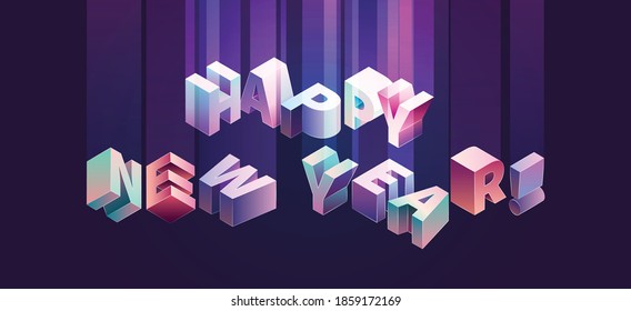 Típografía isométrica vectorial de Año Nuevo feliz en colores violeta y violeta con gradiente, luminiscencia y brillo. Banner horizontal de felicitación de vacaciones para web