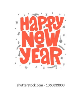 Happy New Year vector lettering clip art isolated on white background. Handwritten poster or greeting card. New Year typography. 