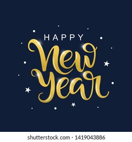 Happy New Year vector lettering on dark blue background. Handwritten design element for card, poster, banner. Modern calligraphy. Isolated New 
Year typography print. Hand drawn clipart.