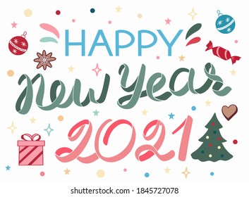 Alles Gute zum Neujahr, Vektorgrafik. Ideal für Logos, Embleme, Einladung, Grußkarte, T-Shirt, Drucke und Poster. Handgezeichneter Winterinspirierungssatz