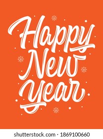 Happy New Year vector lettering sign on red background with snowflakes and lights