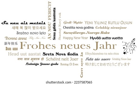 Happy New Year vector lettering. European languages, Chinese, Japanese, Hindi, Korean. With firework in black and gold. White back.
German Frohes neues Jahr and all text is Happy New Year in Englisch.