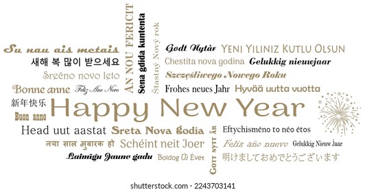Happy New Year vector lettering. European languages, Chinese, Japanese, Hindi, Korean. With firework in black and gold. White back.
All text is Happy New Year in English.