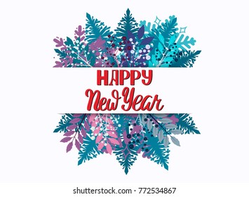 Happy New Year vector lettering. Winter text illustration on fine background. Brush hand lettering for holidays festive design. Beautiful text design of happy new year.